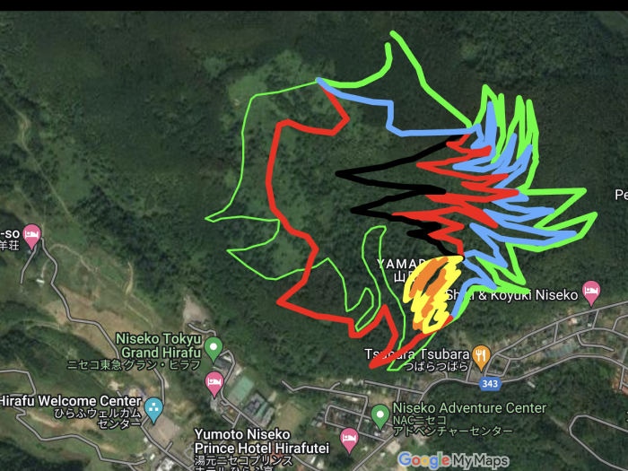 An overlayed map of Hirafu Village showing mountain bike trails