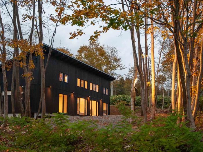 Exterior of a large dark coloured house in evening light