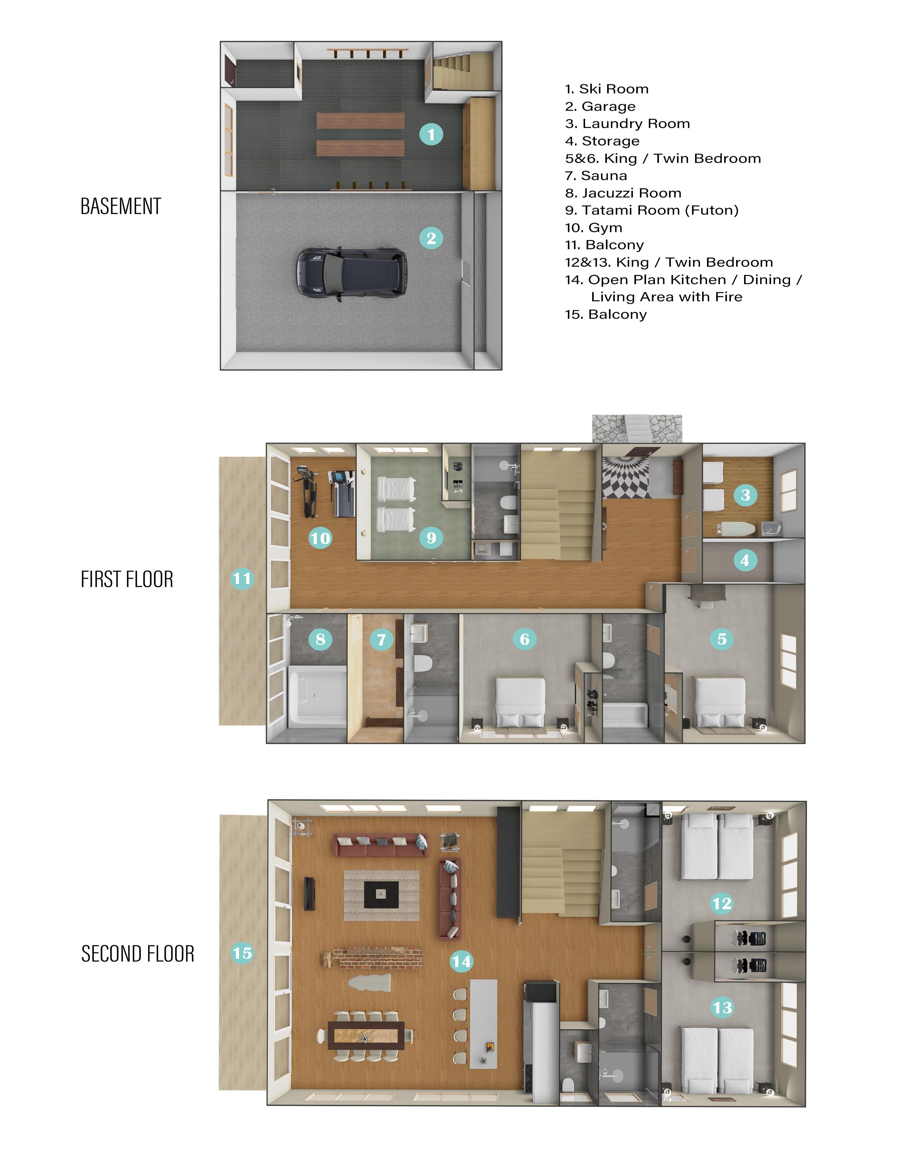 Niseko Chalet Taiko floor plans showing three-level layout with bedrooms, living spaces, and amenities including gym, sauna, and jacuzzi