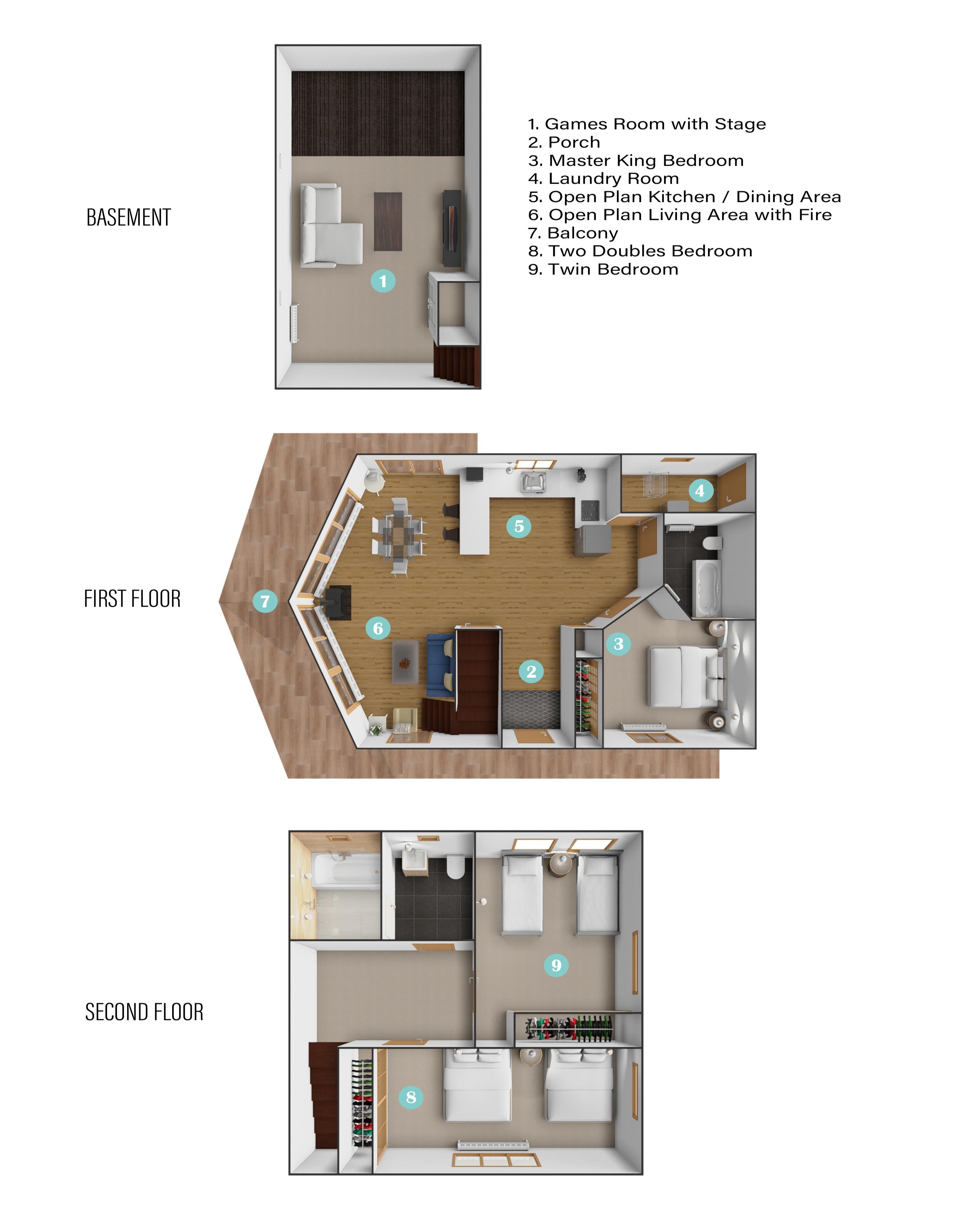 Floor plan diagram of Chalet Shirakaba showing three levels: ground floor with entrance area, first floor with open-plan living space, kitchen and dining area, and second floor with three bedrooms and bathrooms. The layout illustrates the chalet's room configurations across all levels with furniture placement.