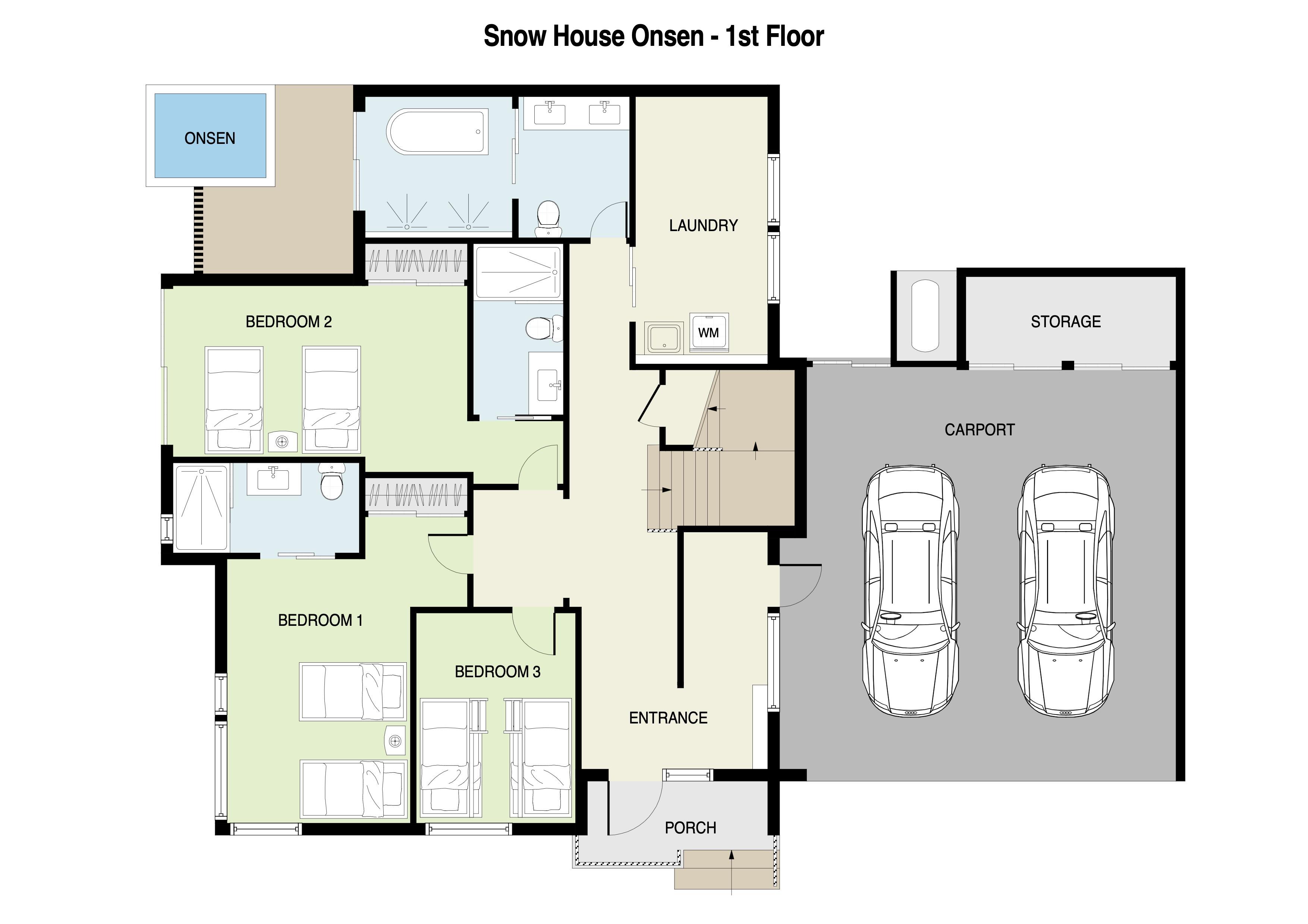 Floor plan of Snow House Onsen's first floor showing a spacious layout with multiple bedrooms, living areas, kitchen, bathroom facilities, an onsen bath, and a two-car garage