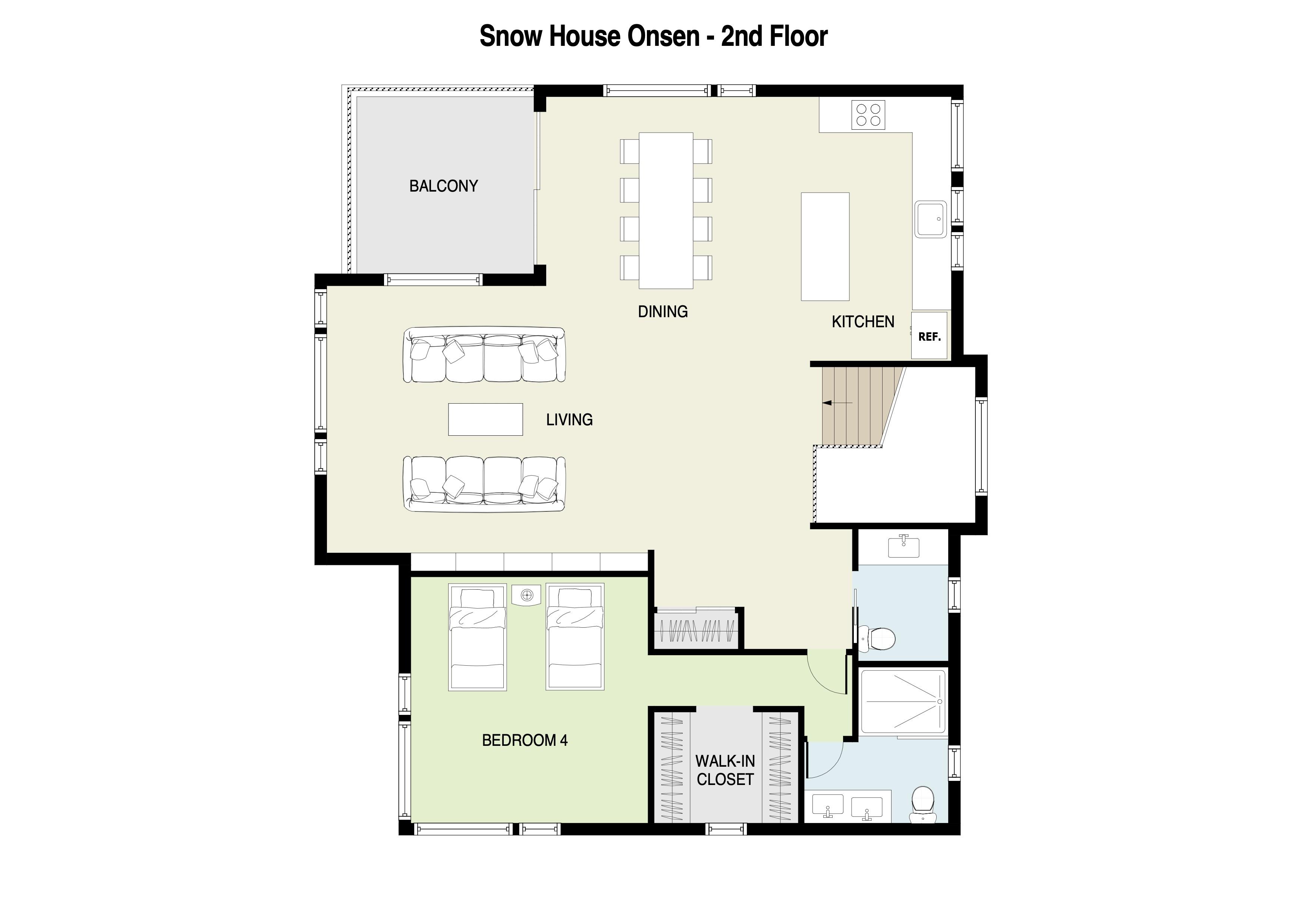 Floor plan of Snow House Onsen's second floor featuring an open-concept living area with kitchen, dining space, additional bedrooms, and bathroom facilities. The layout shows a spacious design with clear room designations