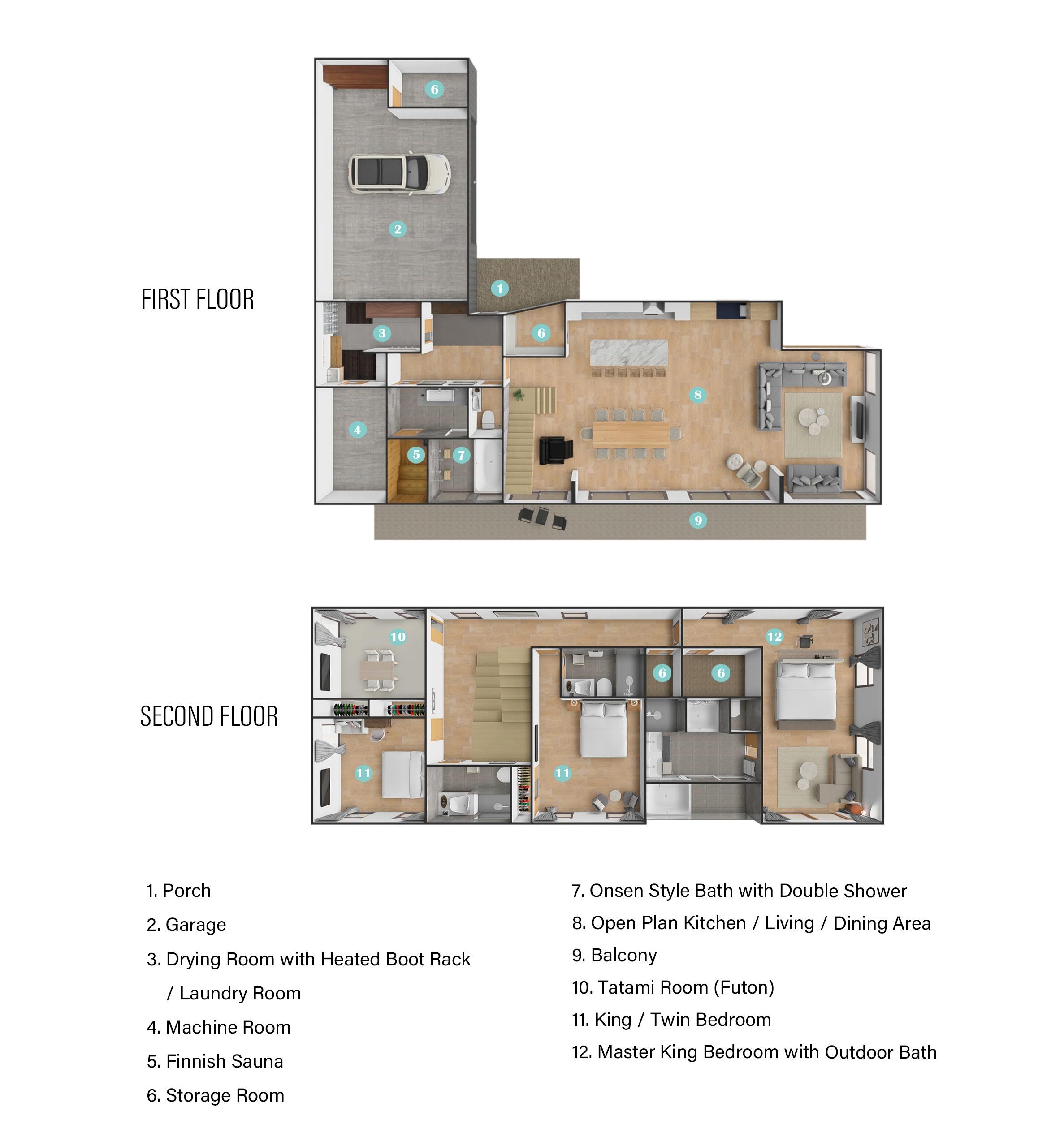 Detailed floor plan of luxury Double Haven ski chalet in Niseko showing two-level layout with open-concept living areas on the main floor featuring kitchen, dining, and living spaces, plus four bedrooms including master suite with private bathroom, Finnish sauna, and outdoor bath on the second floor - perfect reference for planning premium Japanese ski holidays.
