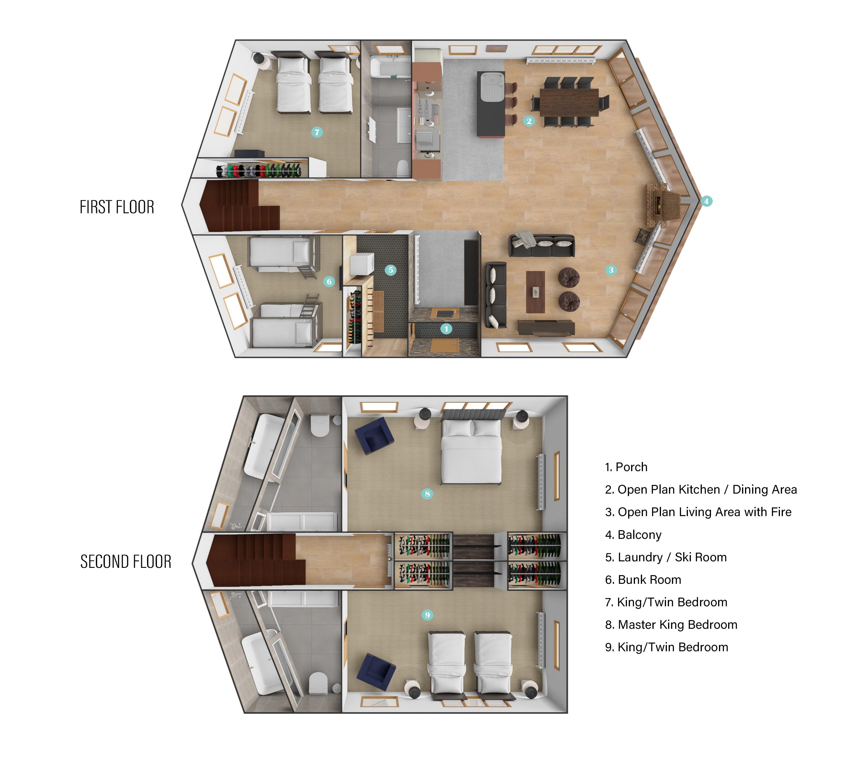 Detailed floor plan of Chalet Snowbird showing both first and second floors with labeled rooms, including bedrooms, bathrooms, kitchen, dining and living spaces.