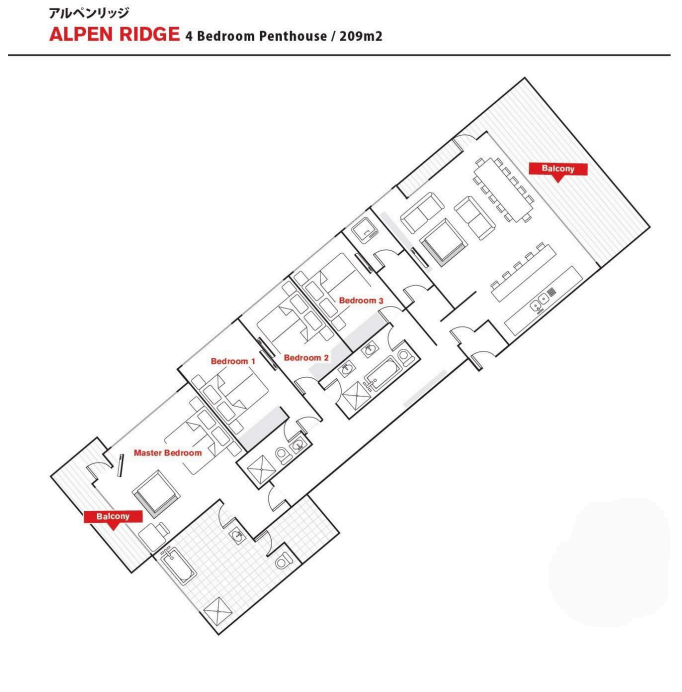Alpen Ridge Niseko 4 bedroom penthouse floor plan showcasing luxurious layout with four separate bedrooms multiple bathrooms expansive living dining areas premium kitchen facilities and exclusive design for ultimate ski accommodation experience