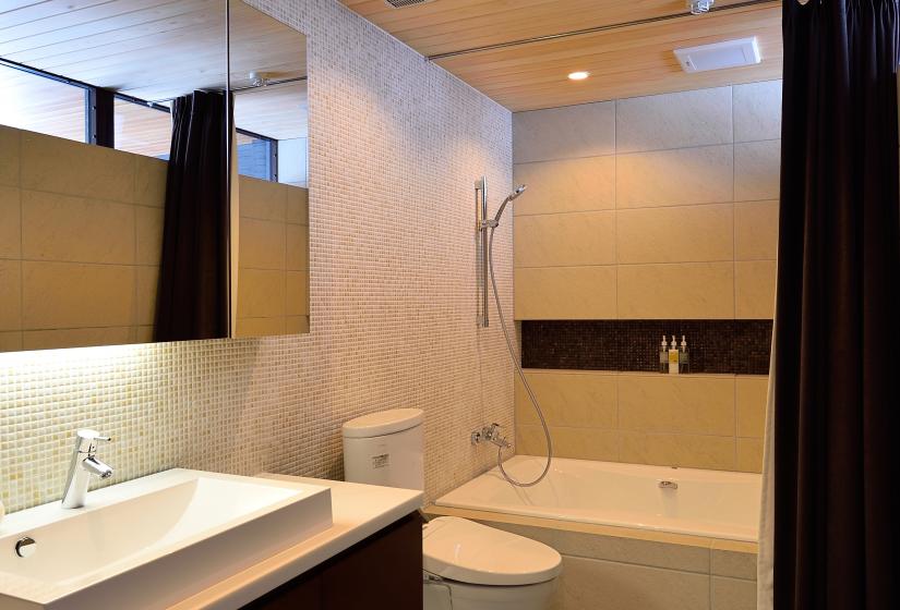 bathroom with shower toilet sink and mirror