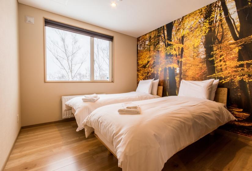 bedroom with autumn color wallpaper