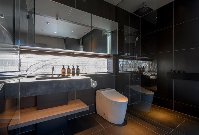 Toilet, shower with glass door, sink mirror and shampoo
