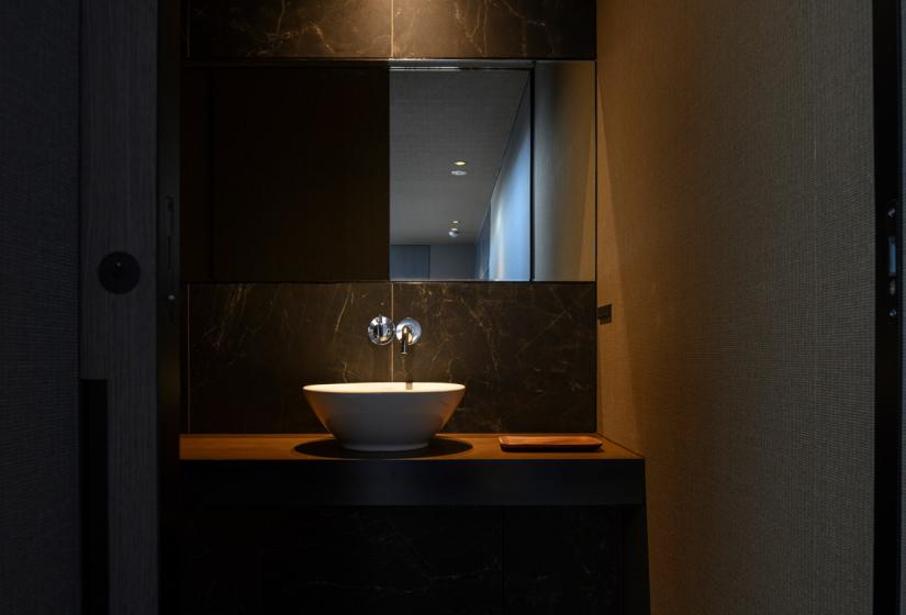 sink with mirror and mood lighting