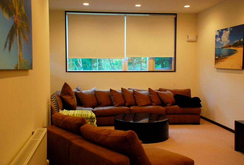 Media room room with brown sofa