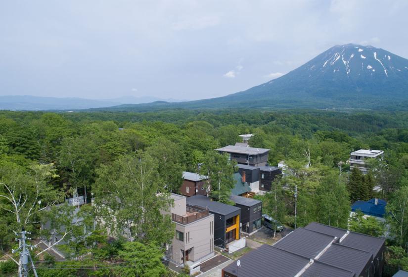 View from drone of north star with Mt Yotei in background