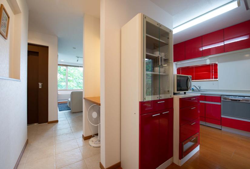 Red and white kitchen unit