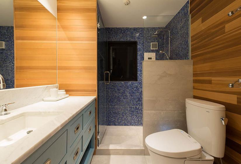 bathroom with shower toilet sink mirror blue tile with wood trim