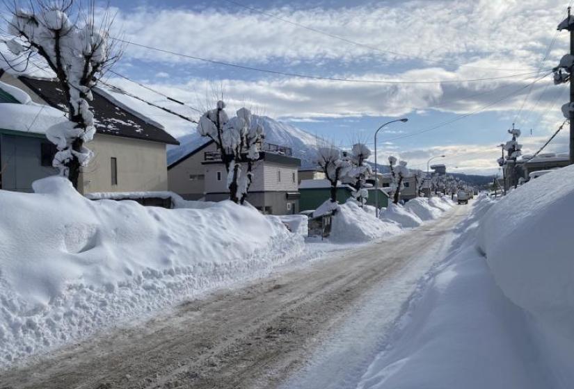 A snowy road with mount yotei in the background