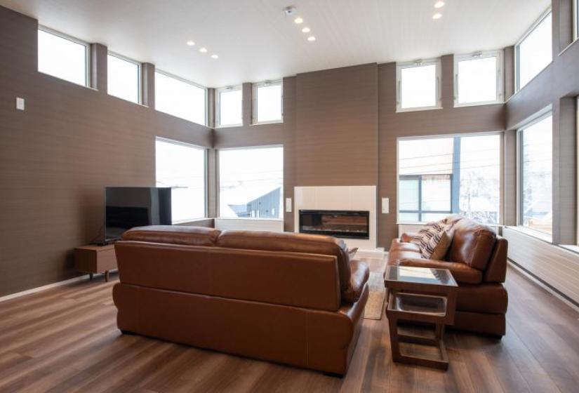 Living room view of brown sofa