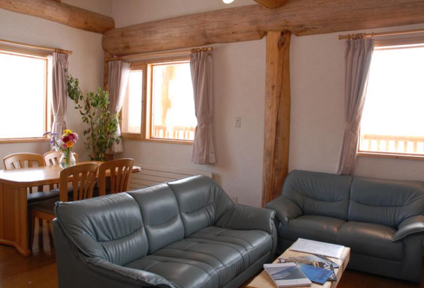 leather couches with coffee table and exterior windows