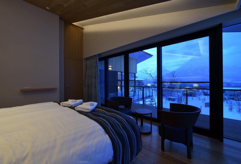 Double bed with a Mt Yotei view