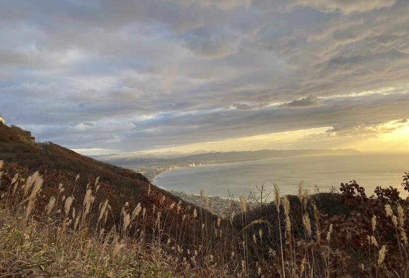 A landscape view of the Hakodate coastline and sunrising 