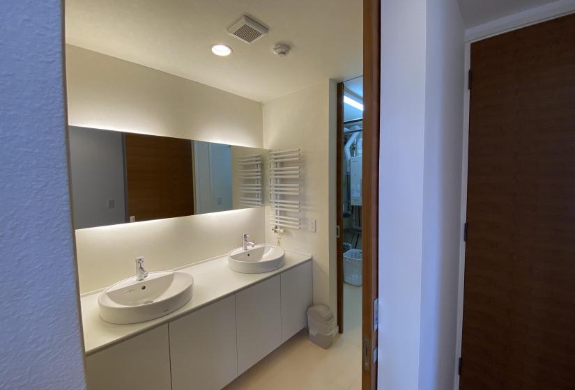 Two twin sinks with mirror above
