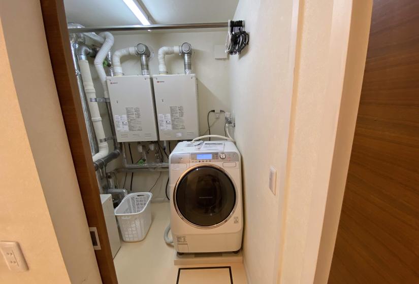 A washing machine inside a boiler room.