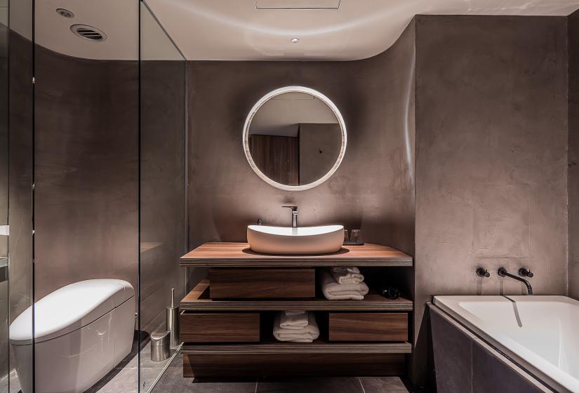 Bathroom mirror, vanity toilet and shower