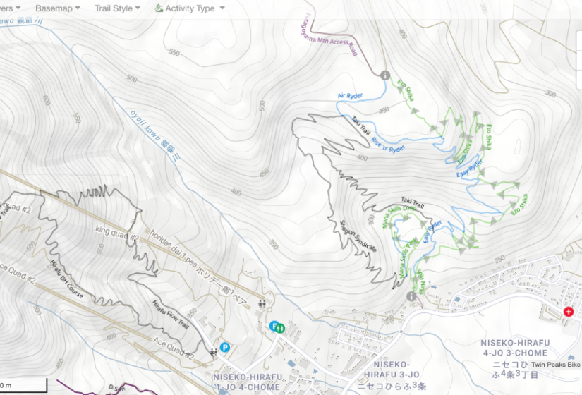 Mountain biking in Niseko begins here! A map showing the Twin Peaks Niseko trails