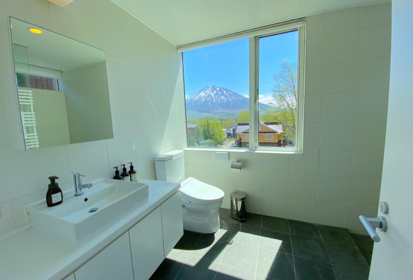 A bathroom sink and toilet with window behind