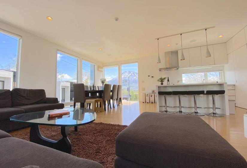Lounge and coffee table with dining table behind