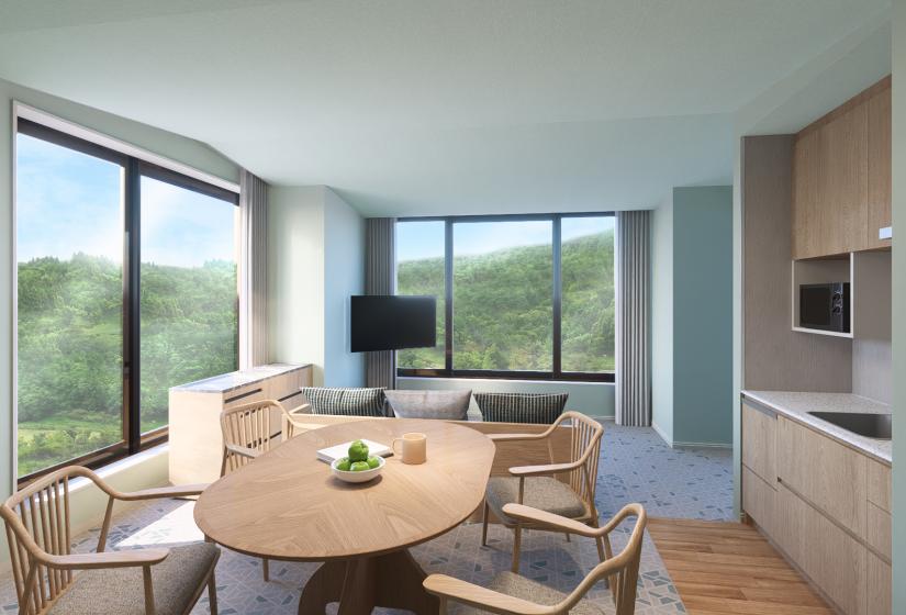 A dining table and TV behind