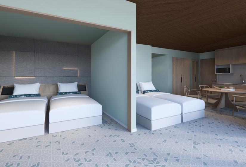 4 single beds with two in an elcove
