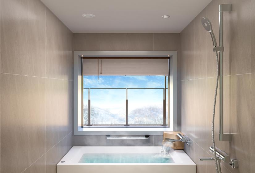 A rectangular bath with window behind
