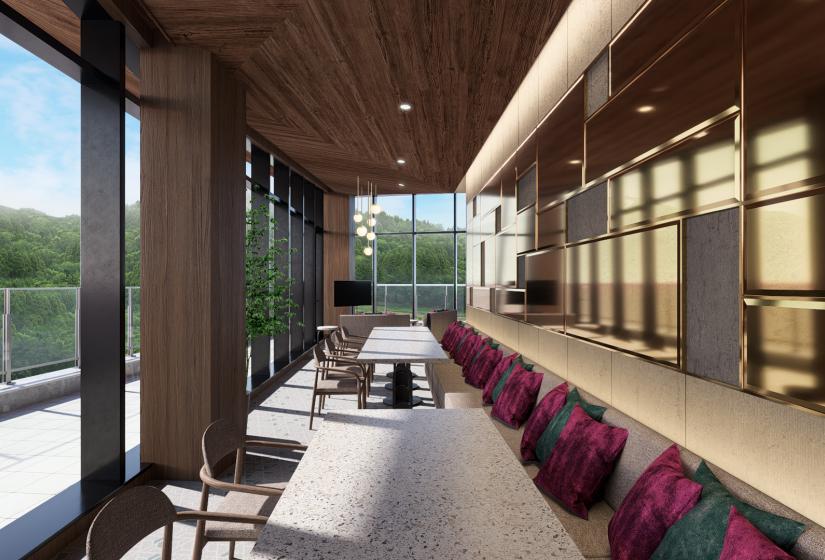 A long bar with seating
