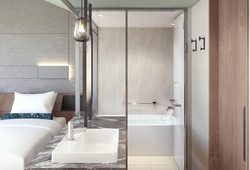 A bath and bed besideit