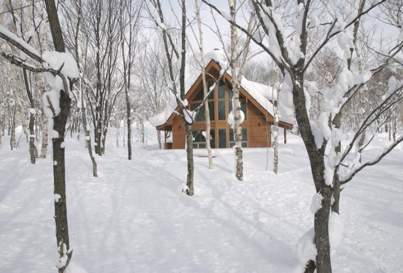 A wooden chalet partially visible through a winter forest of snow-covered birch trees. The property sits nestled in deep powder snow with its warm wooden exterior contrasting against the white winter landscape, showcasing the secluded and serene winter setting of the accommodation.