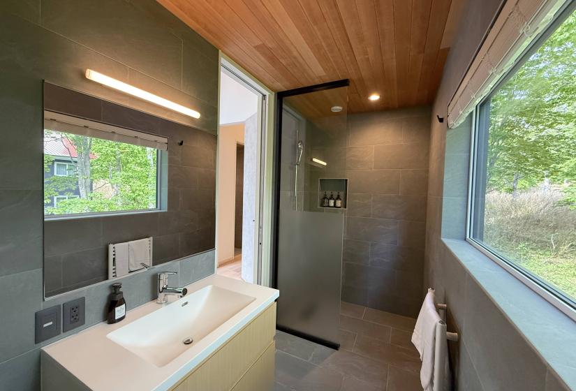 A bathroom with sink and shower
